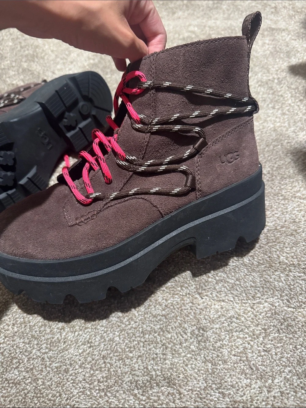 UGG Brown Suede Platform Hiking Boots with Pink Laces
